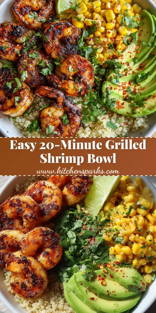 A top-down view of a Grilled Shrimp Bowl in a white ceramic bowl featuring charred shrimp, fanned avocado, and roasted corn on a bed of quinoa.