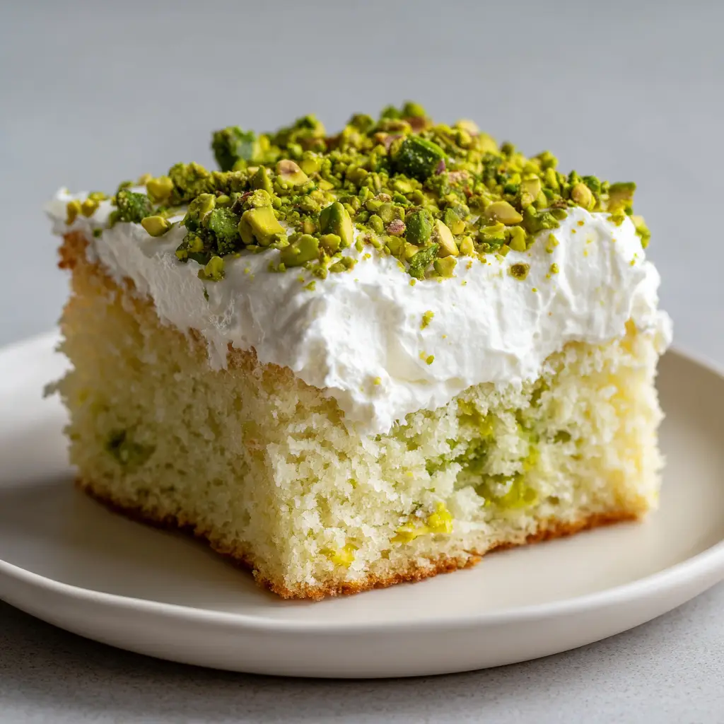 A square of Pistachio Pineapple Cake topped with a dense cluster of vivid green raw pistachios on white whipped frosting.