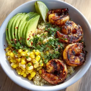 Vibrant Grilled Shrimp Bowl showing succulent shrimp with dark char marks and red chili flakes.