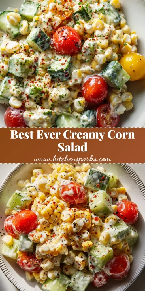 Top-down view of a creamy Shoepeg Corn Salad on a white ceramic plate with tomato halves and cucumber cubes.