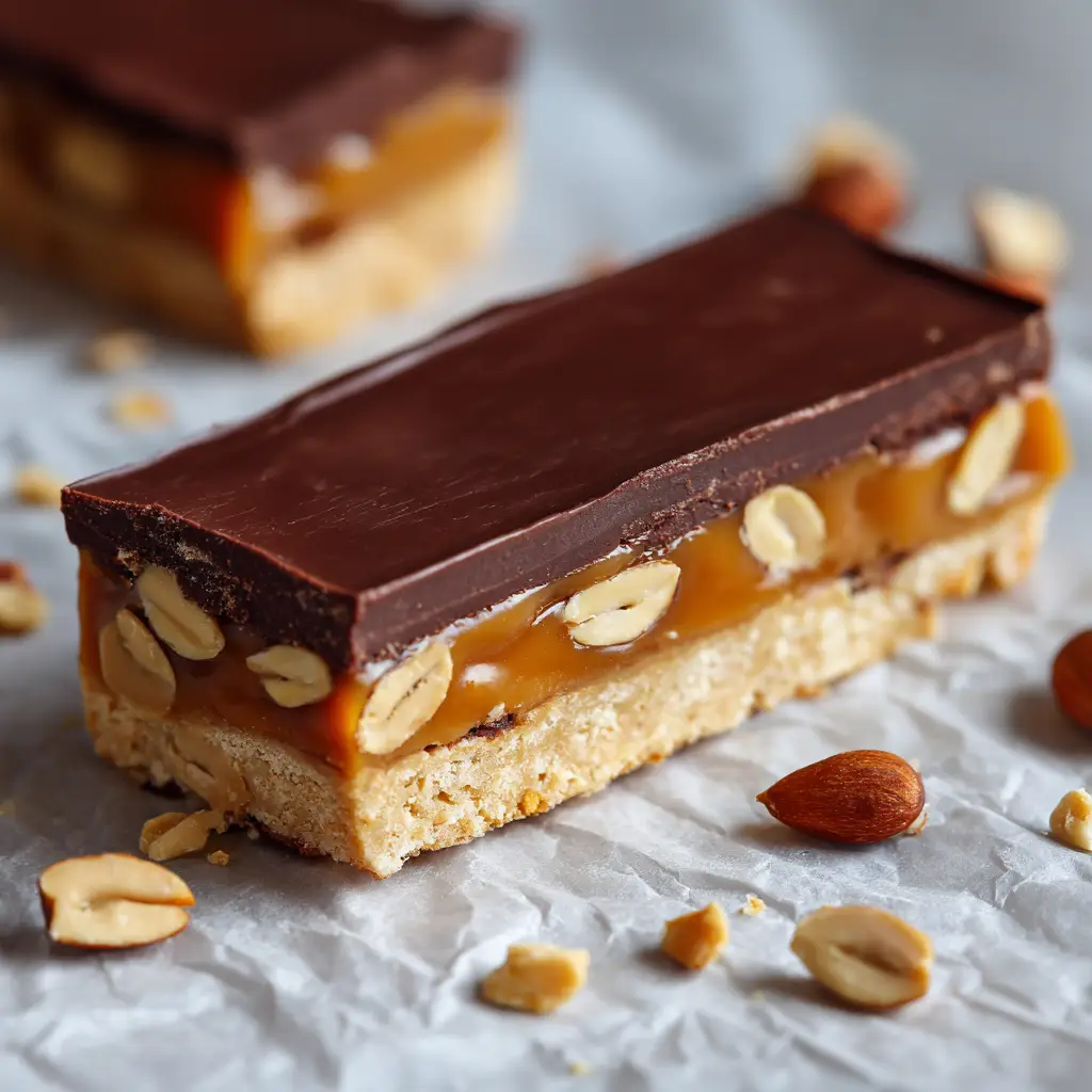 Sliced homemade candy bar cross-section revealing chewy vanilla nougat and roasted peanut caramel layer coated in chocolate.