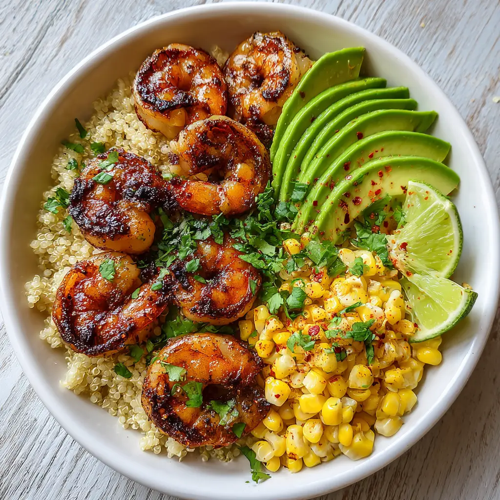 Close up of roasted yellow corn and sliced ripe avocado in a Grilled Shrimp Bowl.