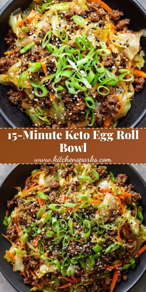 A top-down view of Egg Roll in a Bowl with seared beef, wilted cabbage, and matchstick carrots in a matte bowl.