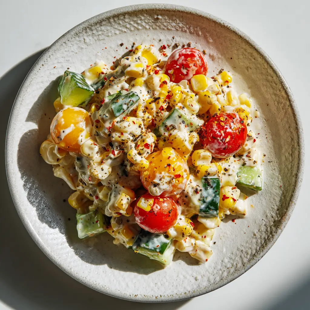 A smartphone-style photo of Shoepeg Corn Salad garnished with cracked pepper and red paprika.