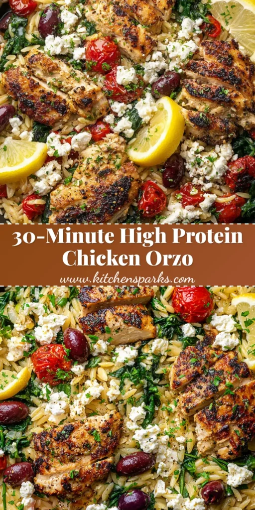 Mediterranean Chicken Orzo with Blistered Tomatoes and Feta 4 A top-down view of a black skillet featuring Mediterranean Chicken Orzo with seared chicken, blistered cherry tomatoes, feta, and lemon wedges.