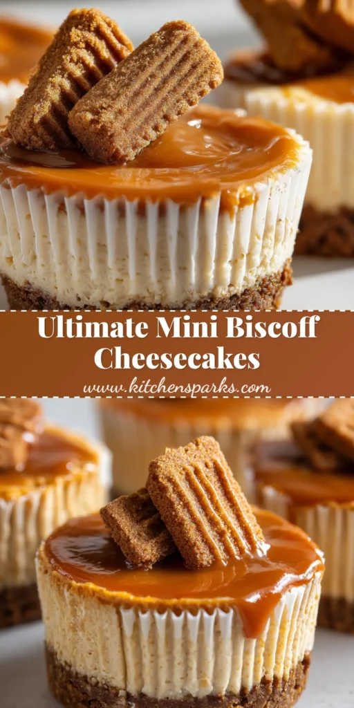 No-Bake Mini Biscoff Cheesecakes: The Ultimate Individual Cookie Butter Treat 4 A close-up vertical shot of No-Bake Mini Biscoff Cheesecakes in white liners with glossy topping and biscuit shards.