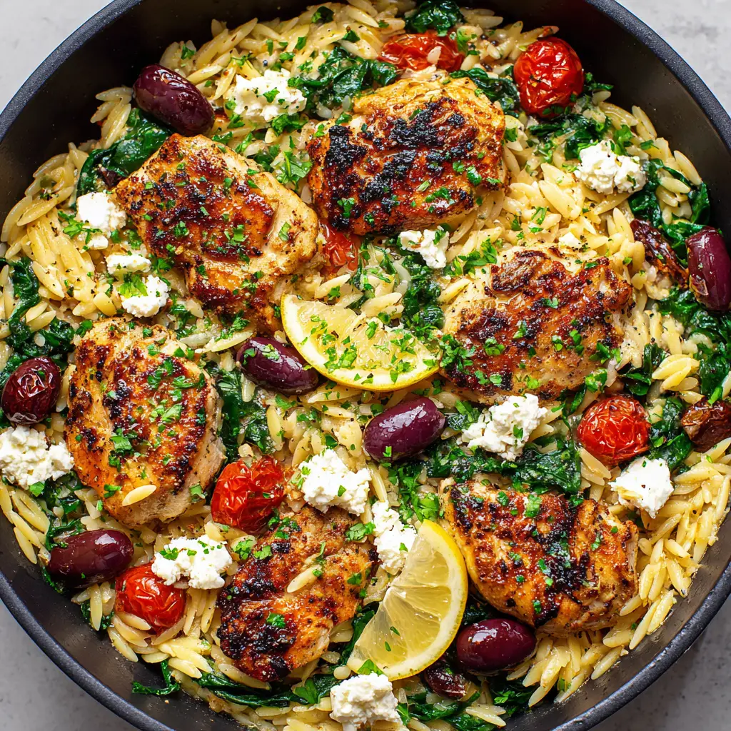Mediterranean Chicken Orzo with Blistered Tomatoes and Feta 2 Close up of Mediterranean Chicken Orzo in a black skillet showing glossy lemon garlic sauce and charred chicken chunks.