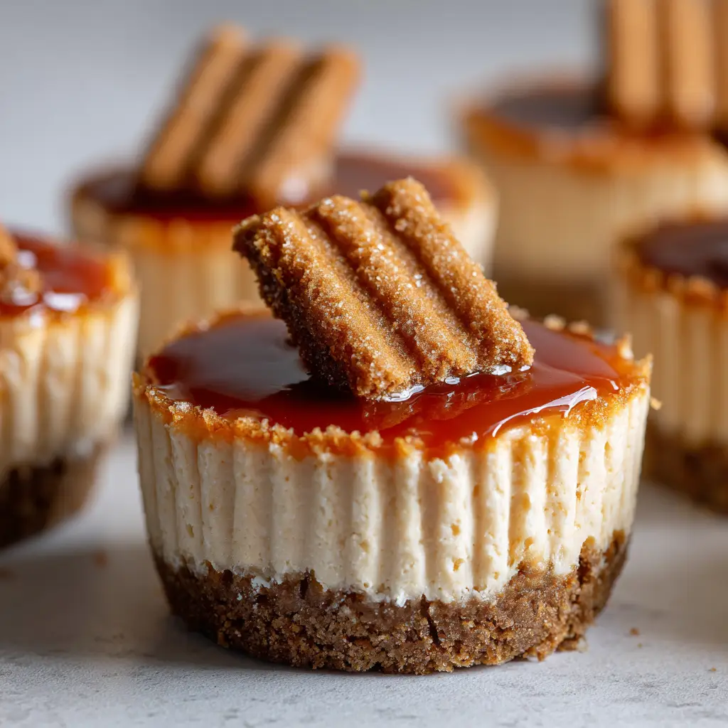 No-Bake Mini Biscoff Cheesecakes: The Ultimate Individual Cookie Butter Treat 2 Top-down view of several No-Bake Mini Biscoff Cheesecakes showing the glossy reddish-brown topping and white pleated liners.