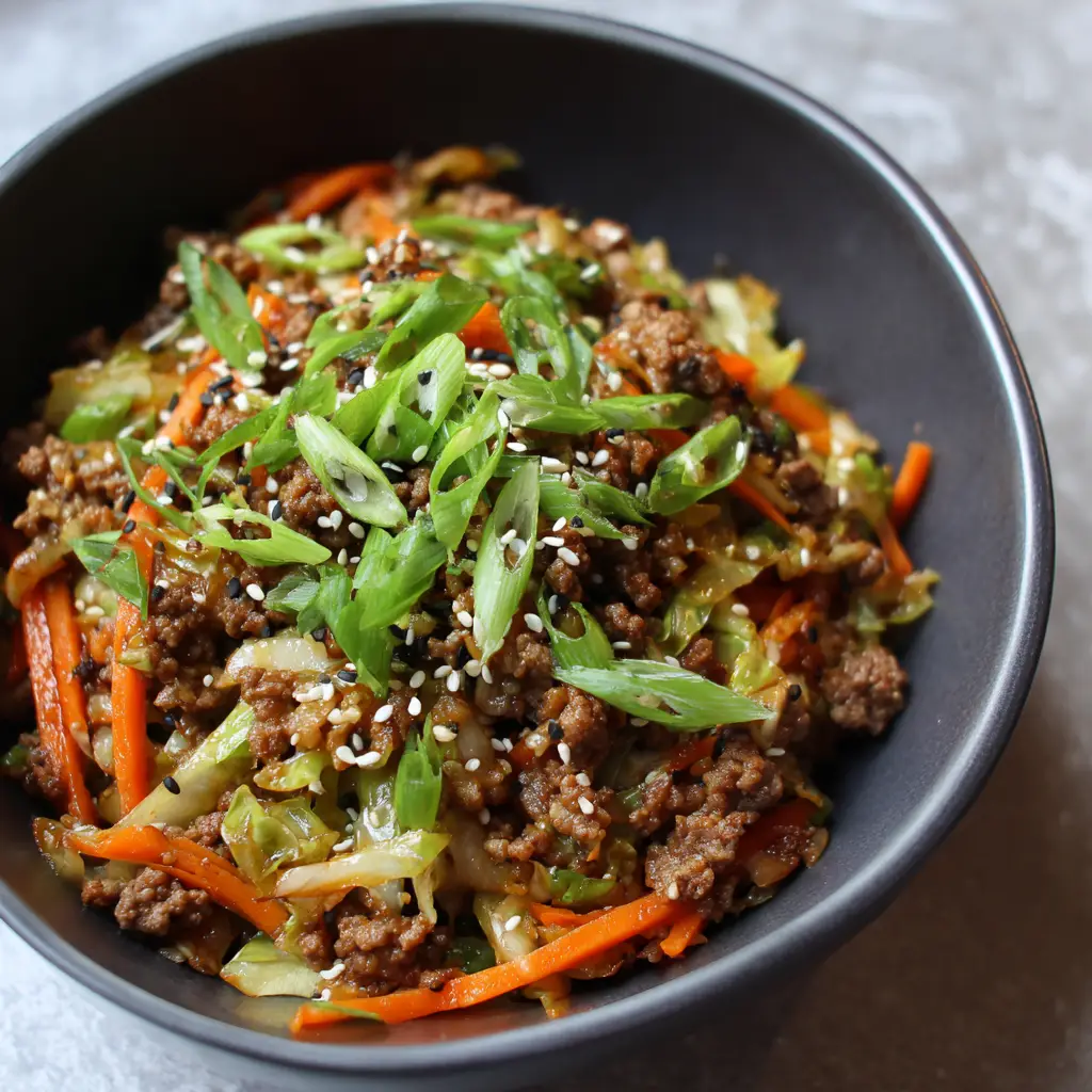 Egg Roll in a Bowl garnished with sliced scallions and black and white sesame seeds in a dark ceramic bowl.