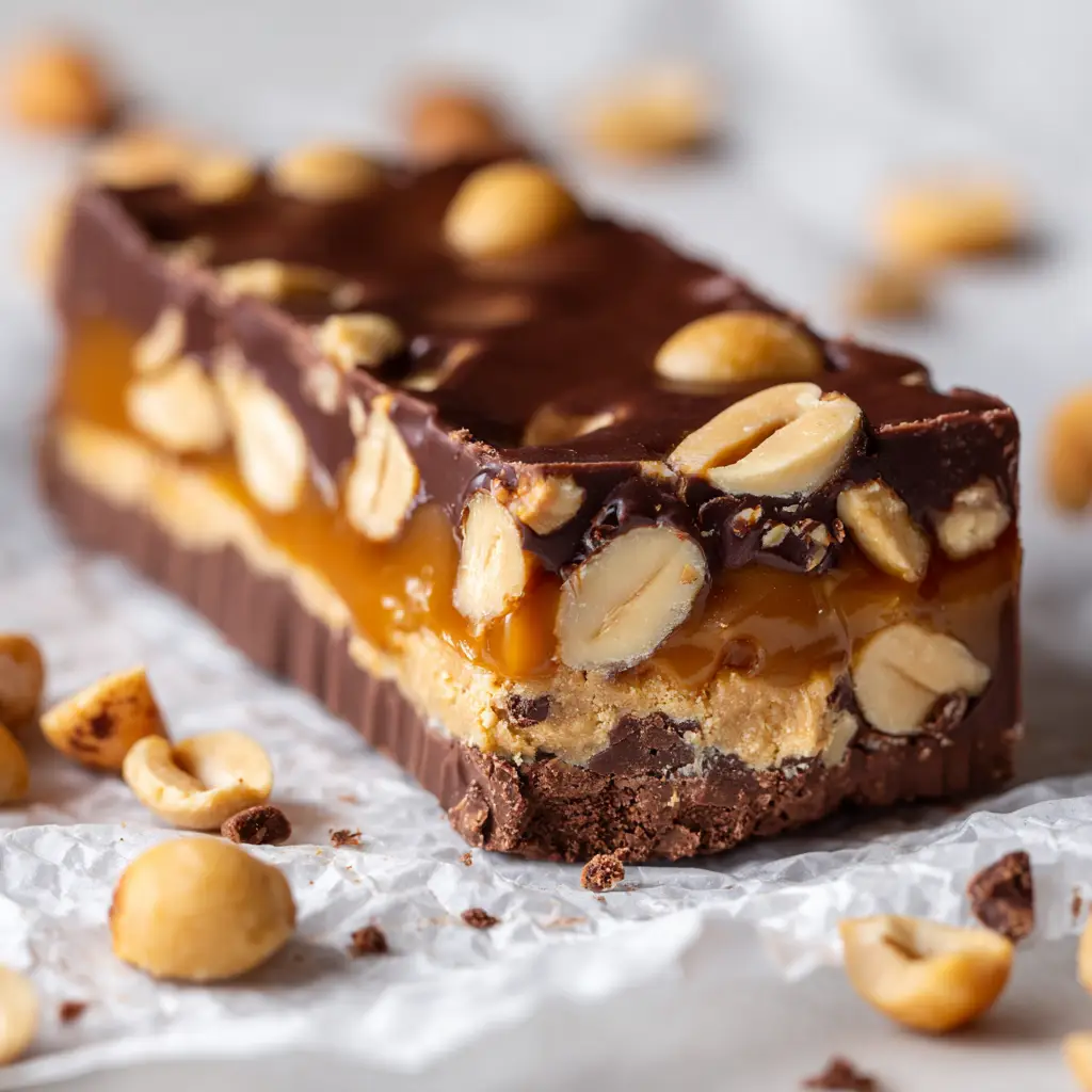 Hardened milk chocolate shell with subtle matte ridges on a homemade candy bar resting on crinkled parchment.