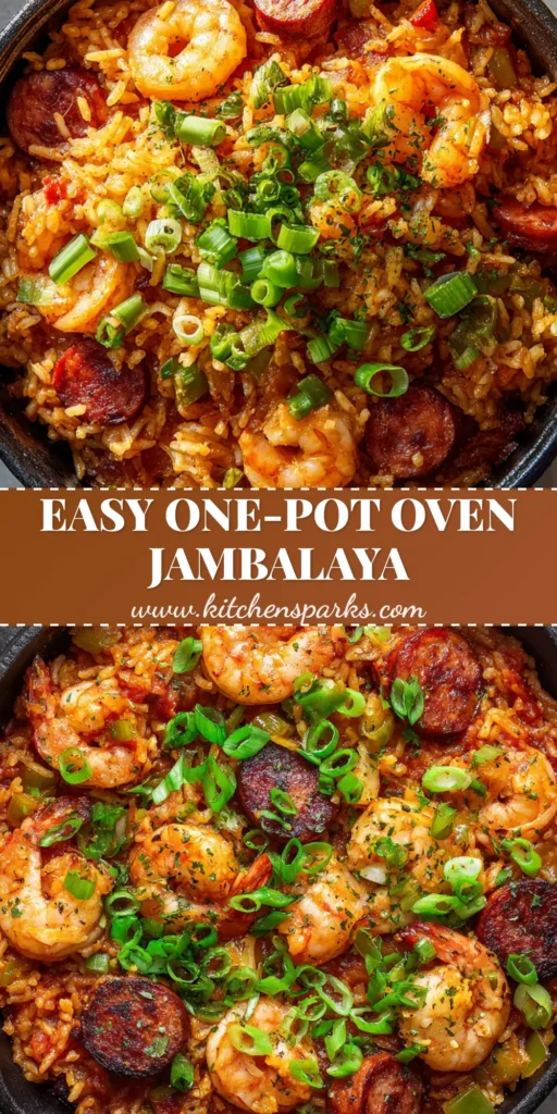 A top-down view of Oven Baked Jambalaya in a black cast iron Dutch oven featuring reddish-orange rice, pink shrimp, and charred sausage.