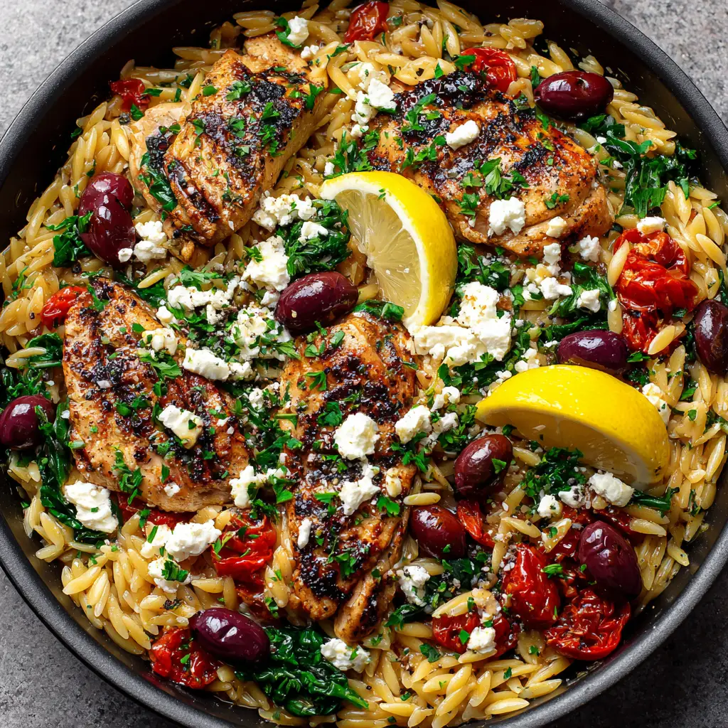 Mediterranean Chicken Orzo with Blistered Tomatoes and Feta 1 Mediterranean Chicken Orzo topped with matte white feta cheese, fresh parsley, and cracked black pepper.
