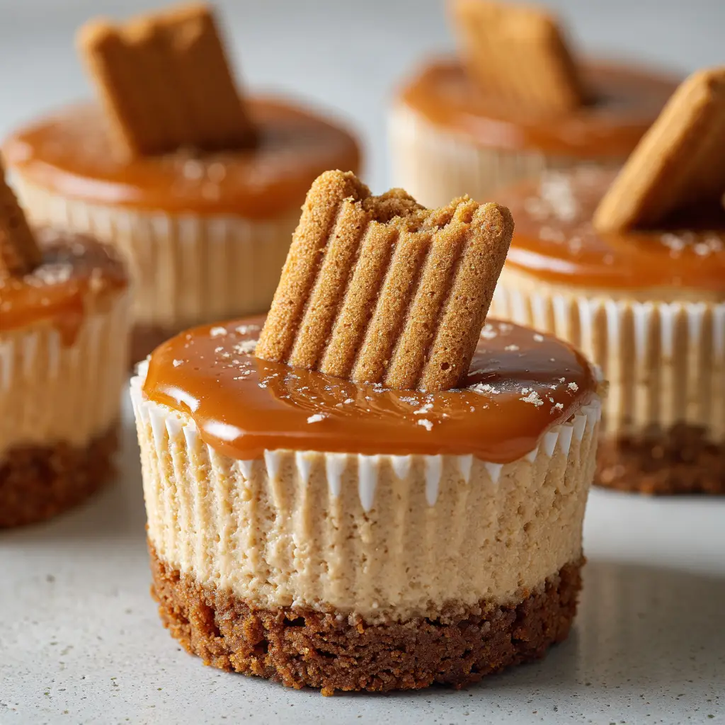 No-Bake Mini Biscoff Cheesecakes: The Ultimate Individual Cookie Butter Treat 1 A handheld smartphone photo of a mini Biscoff cheesecake showing the dark golden-brown crust and pale tan filling layers.