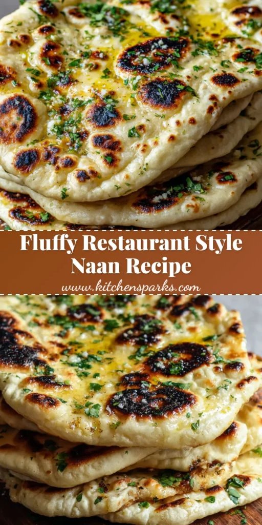 A tall stack of fluffy Homemade Naan Bread with charred spots and garlic butter on a wood board.