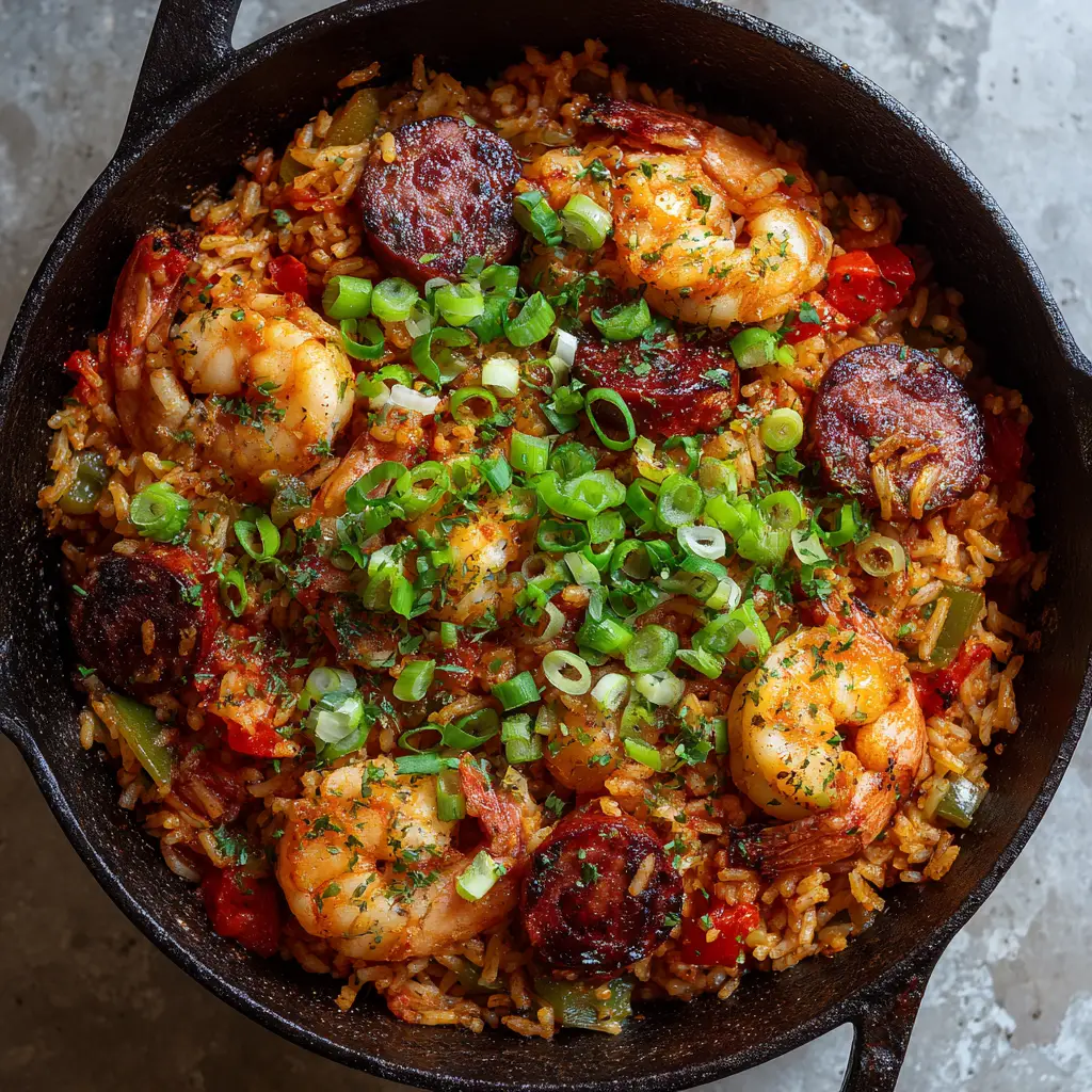 Overhead shot of Oven Baked Jambalaya showing the texture of charred sausage and softened bell peppers.