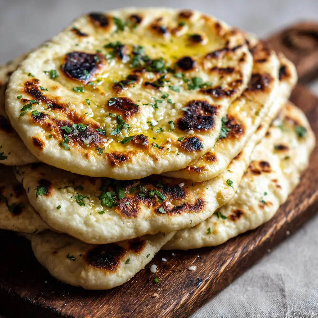 Soft and flexible Homemade Naan Bread stacked on a dark wood cutting board under natural light.