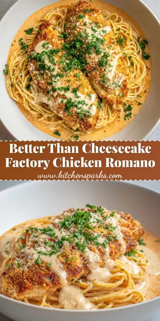 Chicken Romano Recipe: The Ultimate Crispy Romano-Crusted Chicken with Creamy Tomato-Pasta 4 A tall Pinterest pin showing a golden-brown Chicken Romano breast over a swirl of spaghetti in pale orange sauce. (Chicken Romano Recipe)