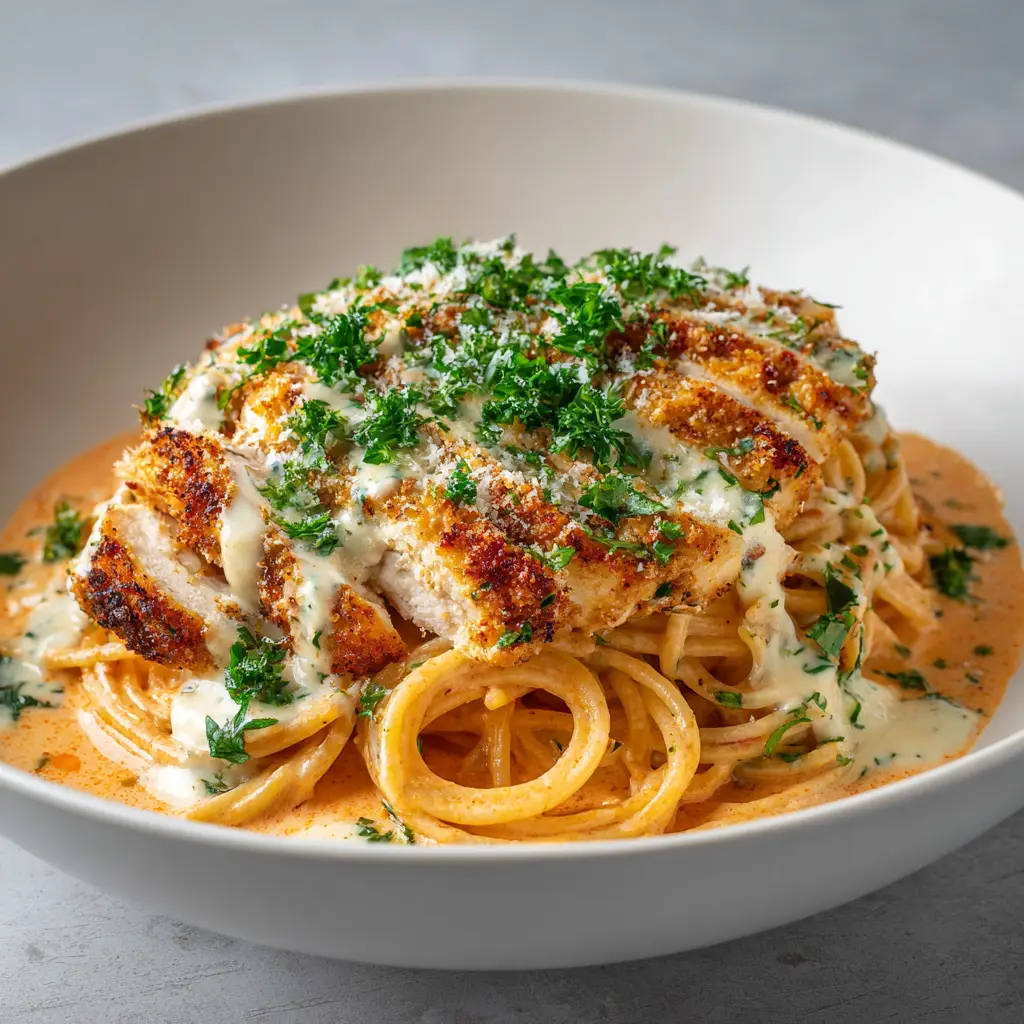 Chicken Romano Recipe: The Ultimate Crispy Romano-Crusted Chicken with Creamy Tomato-Pasta 2 Overhead view of Chicken Romano featuring two golden-brown crusted breasts on glossy pale orange spaghetti. (Chicken Romano Recipe)