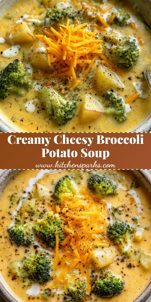 A close-up view of Cheesy Broccoli Potato Soup in a rustic round white ceramic bowl, topped with melted cheddar cheese, a heavy cream drizzle, and coarse black pepper.