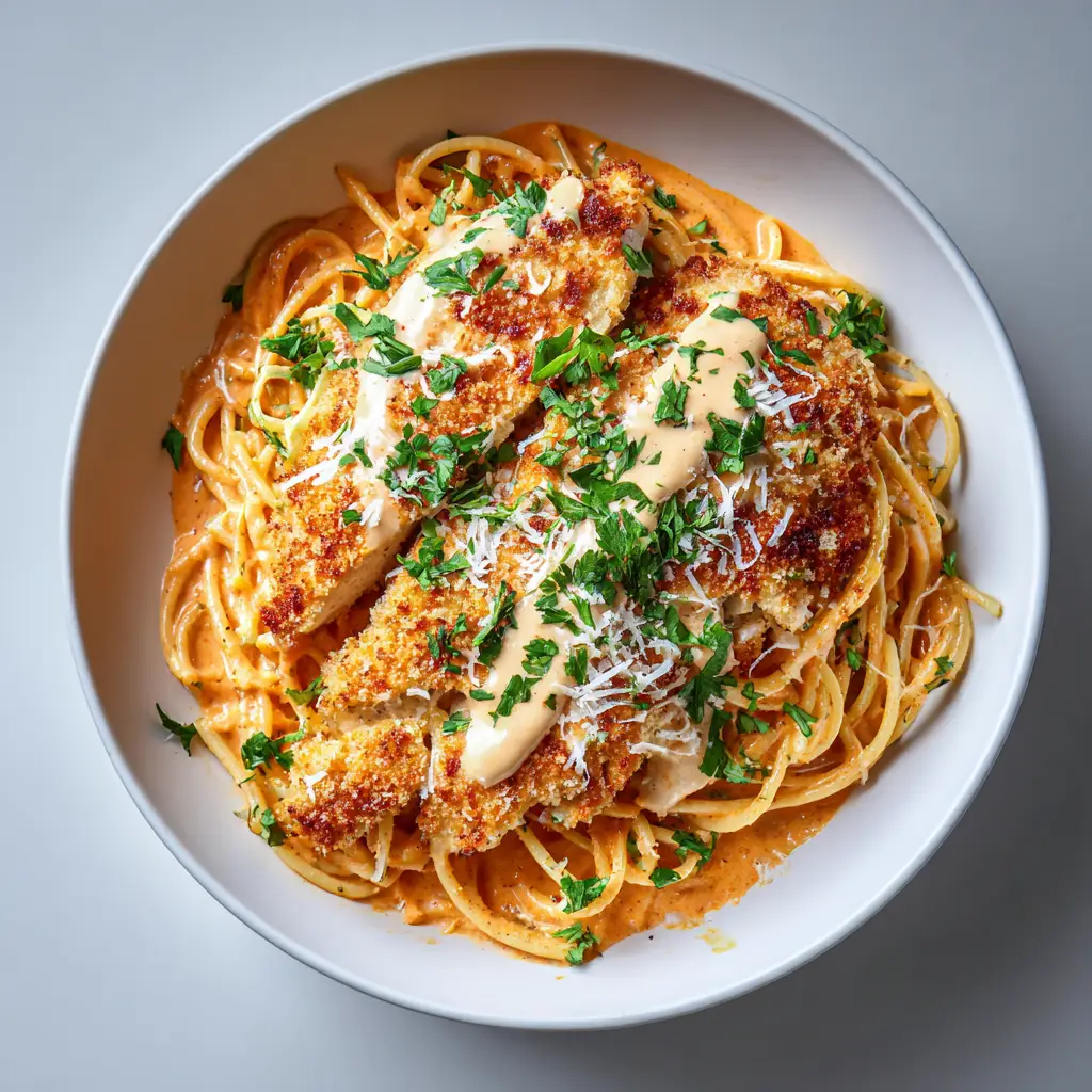 Chicken Romano Recipe: The Ultimate Crispy Romano-Crusted Chicken with Creamy Tomato-Pasta 1 Close-up of the pale orange tomato-cream sauce drizzled over a Romano-crusted chicken breast.