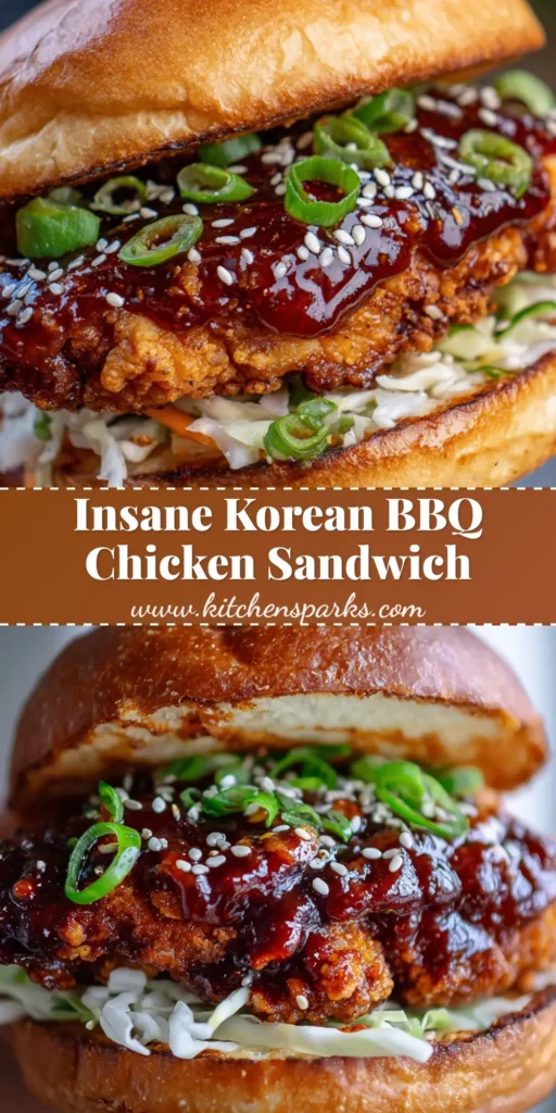 A close-up handheld shot of a Korean BBQ Chicken Sandwich with a glossy red glaze, sesame seeds, and cabbage slaw on a brioche bun.