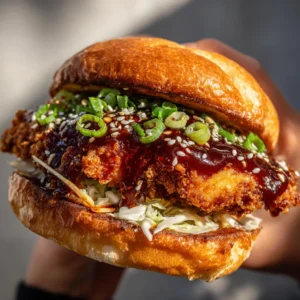 Detailed close-up of a Korean BBQ Chicken Sandwich showing the sticky sheen of the glaze and sesame seeds.