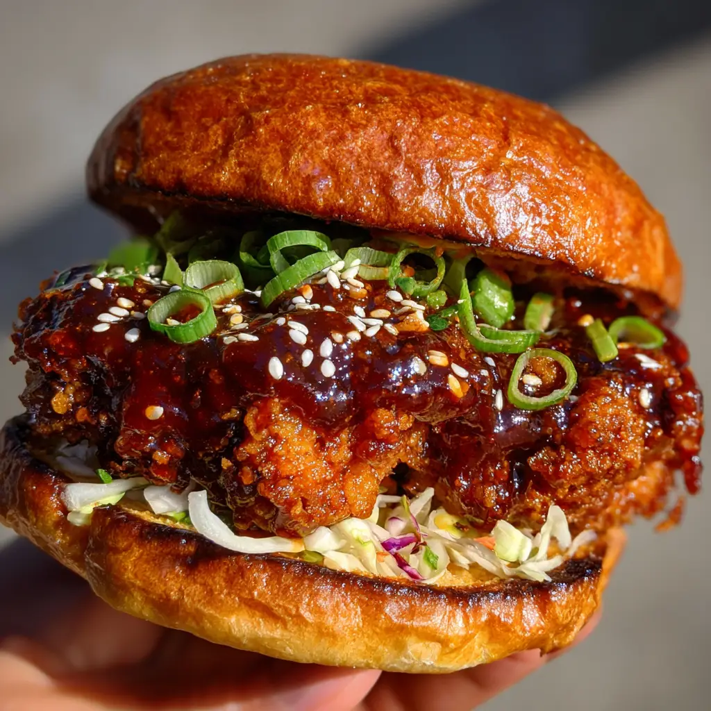 The crunchy cabbage slaw layered beneath a crispy Korean fried chicken breast on a brioche bun.