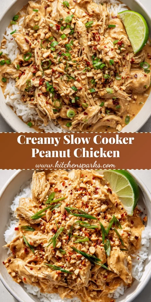 A Pinterest-style vertical graphic showing a white bowl of Slow Cooker Peanut Chicken over rice with crushed peanuts and lime.
