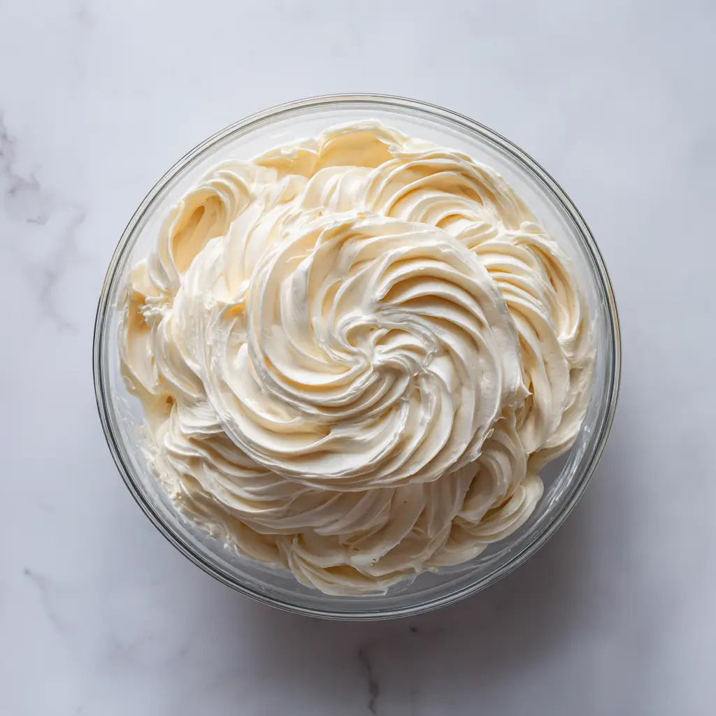 Swiss Meringue Buttercream: The Ultimate Guide to Achieving Silky, Glossy Ivory Frosting 2 Close-up of perfectly emulsified Swiss Meringue Buttercream in a glass bowl showing silky texture and glossy ridges.