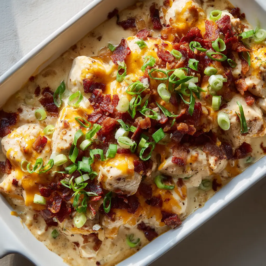 Close up of crispy bacon bits and green onions on top of melted cheddar for Mississippi Mud Chicken.