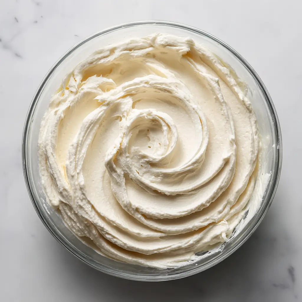 Swiss Meringue Buttercream: The Ultimate Guide to Achieving Silky, Glossy Ivory Frosting 1 Top-down view of ivory-white buttercream with smooth spatula swirls on a white marble surface.
