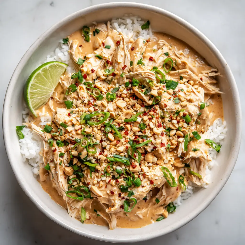 Close up of shredded chicken saturated in creamy peanut sauce over white rice. (Slow Cooker Peanut Chicken)