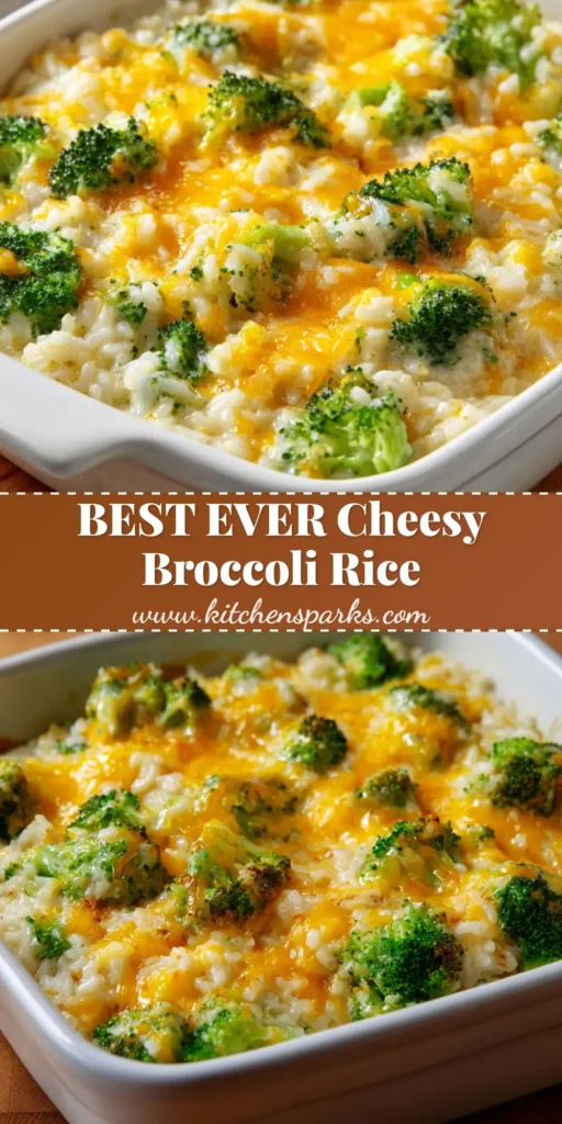 A handheld smartphone photo of a Broccoli Cheese Rice Casserole in a square white ceramic dish featuring fluffy rice, bright green broccoli, and a toasted orange cheddar crust.