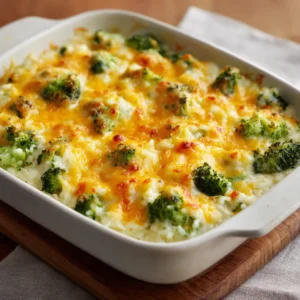 Side view of Broccoli Cheese Rice Casserole showing the creamy cheese sauce coating the rice and broccoli florets.