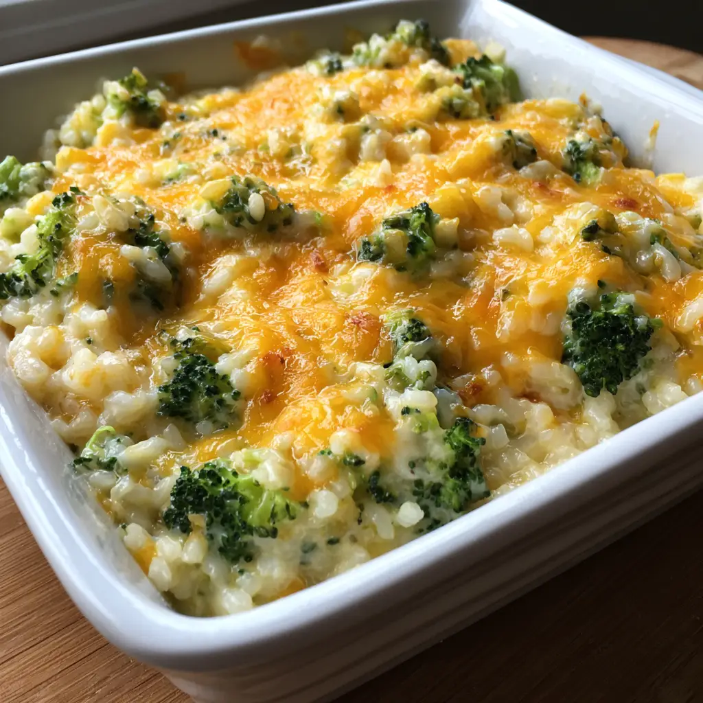 Top-down view of the Broccoli Cheese Rice Casserole showcasing the golden-brown toasted spots on the melted cheddar cheese.