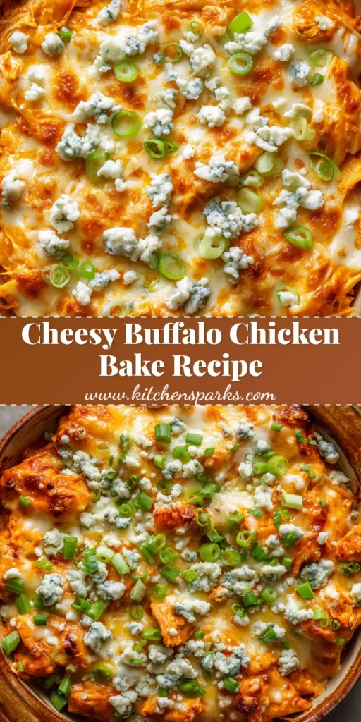 Buffalo Chicken Cheese Bake: The Ultimate Easy Weeknight Dinner Recipe 4 A close-up of a Buffalo Chicken Cheese Bake in a ceramic dish with bubbly cheese, green scallions, and a vibrant orange sauce.