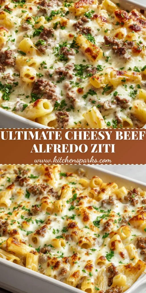 A creamy Beef Alfredo Ziti Casserole in a white baking dish with melted mozzarella and toasted golden-brown patches.