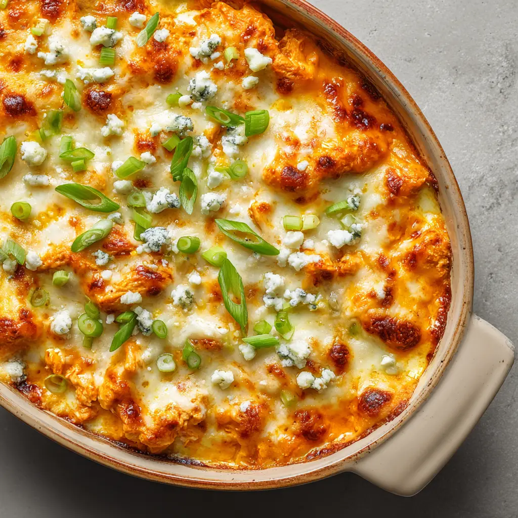Buffalo Chicken Cheese Bake: The Ultimate Easy Weeknight Dinner Recipe 2 Top-down view of a Buffalo Chicken Cheese Bake showing melted mozzarella and cheddar with toasted golden-brown spots. (Buffalo Chicken Cheese Bake)
