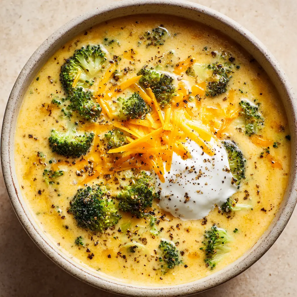 Close up of Cheesy Broccoli Potato Soup garnished with a heavy cream drizzle and coarse black pepper on a neutral beige surface.