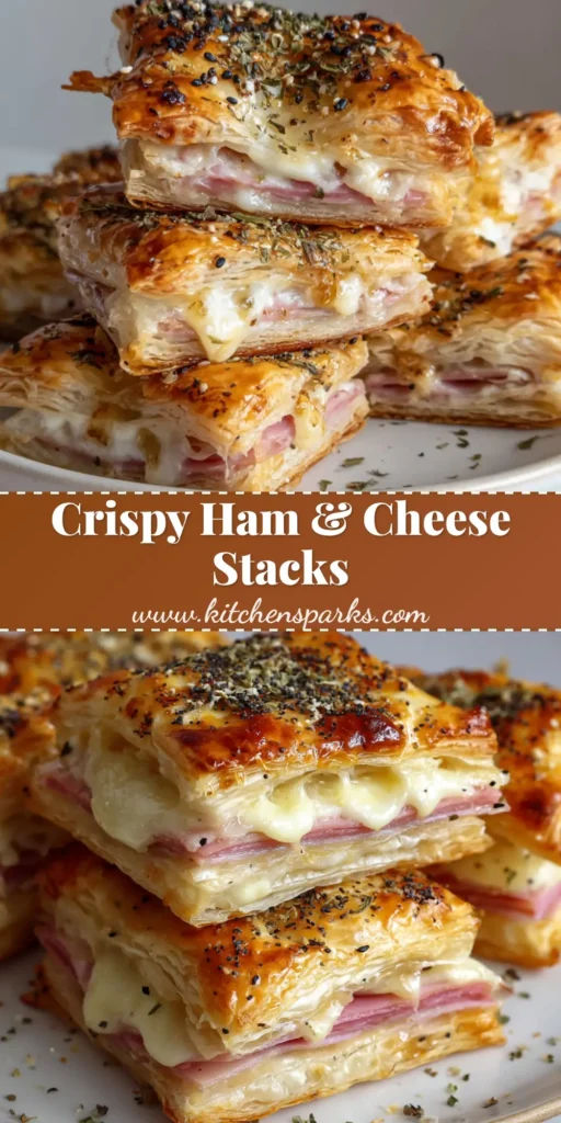 A stack of golden three-layer Ham and Cheese Puff Pastry squares with melted white cheese and poppy seeds on a white plate.