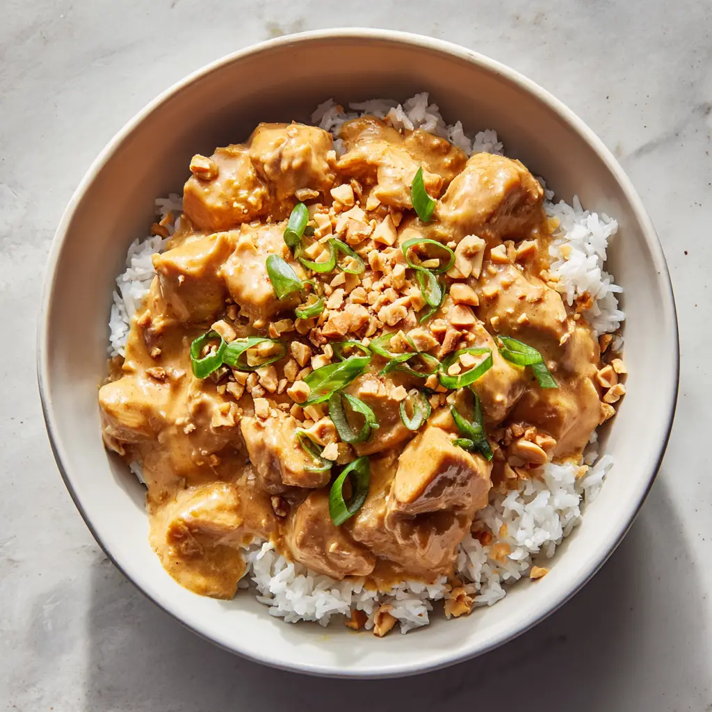 Close up shot of tender chicken breast chunks coated in a creamy peanut sauce over fluffy white rice. (Slow Cooker Peanut Chicken)
