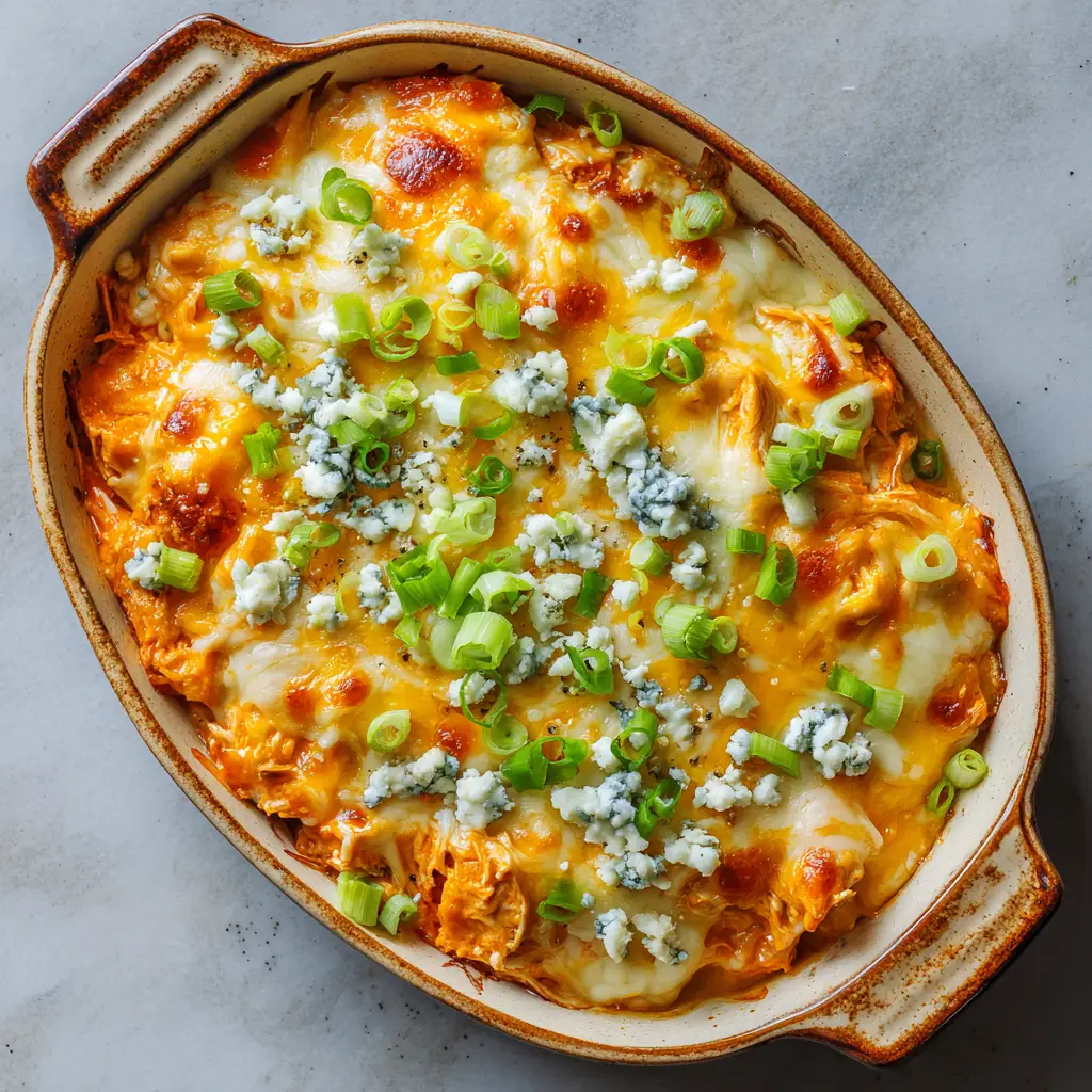 Buffalo Chicken Cheese Bake: The Ultimate Easy Weeknight Dinner Recipe 1 Close-up of bubbling orange buffalo sauce and melted cheese in a ceramic dish. (Buffalo Chicken Cheese Bake)