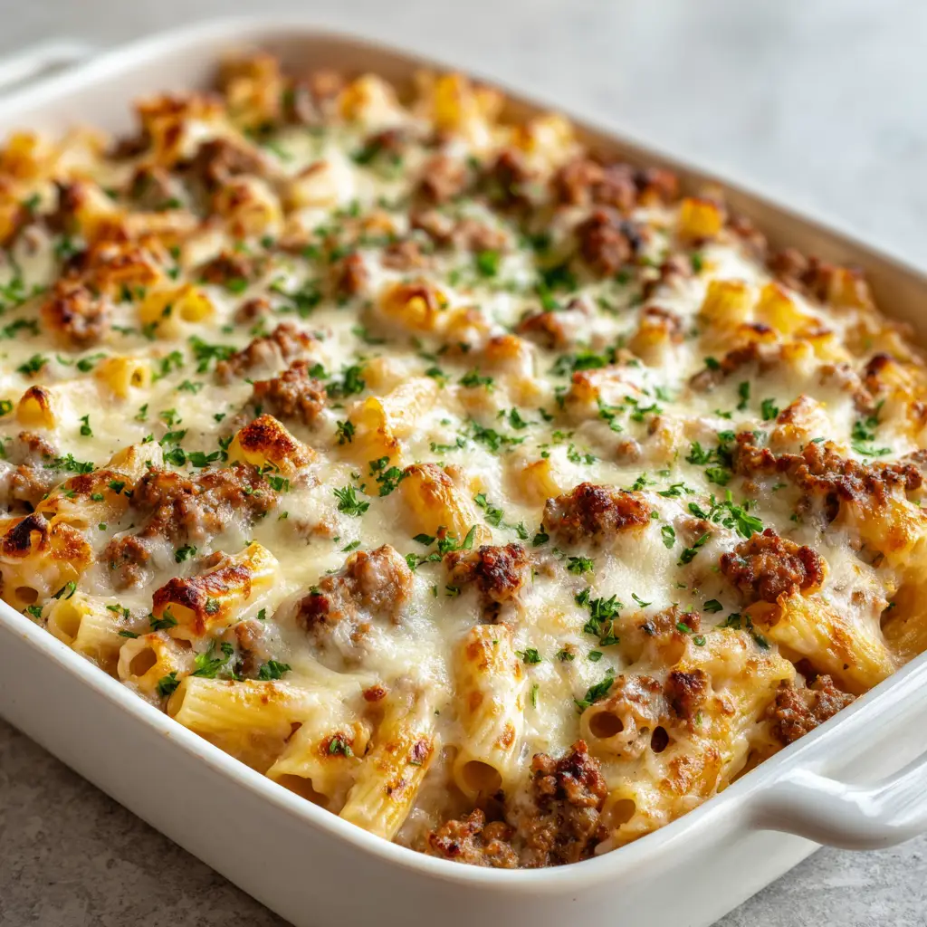 Side view of the baked ziti with thick melted mozzarella and green parsley garnish.