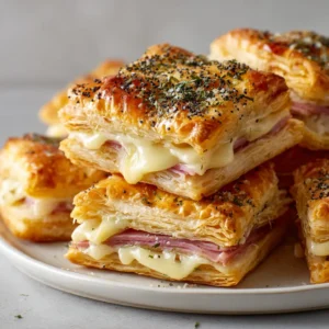 Close up handheld photo of square Ham and Cheese Puff Pastry stacks with visible flaky layers and bubbling cheese.