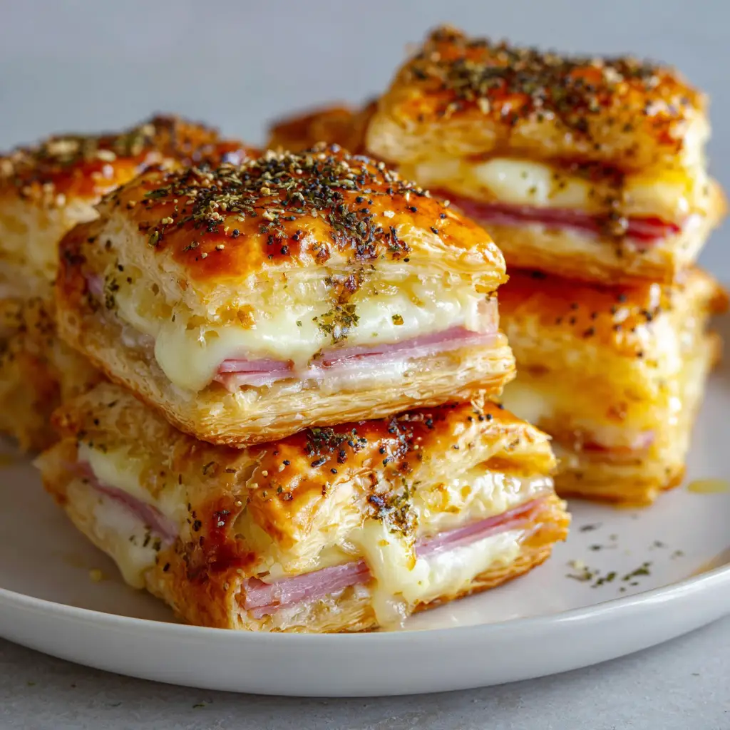 Overhead view of several Ham and Cheese Puff Pastry squares garnished with poppy seeds and herbs on a white ceramic plate.