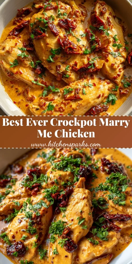 A close-up vertical shot of Crockpot Marry Me Chicken in a white bowl with creamy orange sauce and parsley garnish.