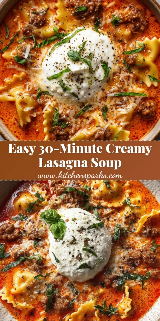 A close up view of a comforting bowl of creamy Lasagna Soup with wavy noodles, sausage crumbles, and a dollop of ricotta cheese.