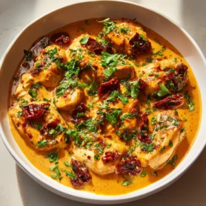 High-angle smartphone photo of sliced chicken breast in a thick creamy sun-dried tomato sauce. (Crockpot Marry Me Chicken)