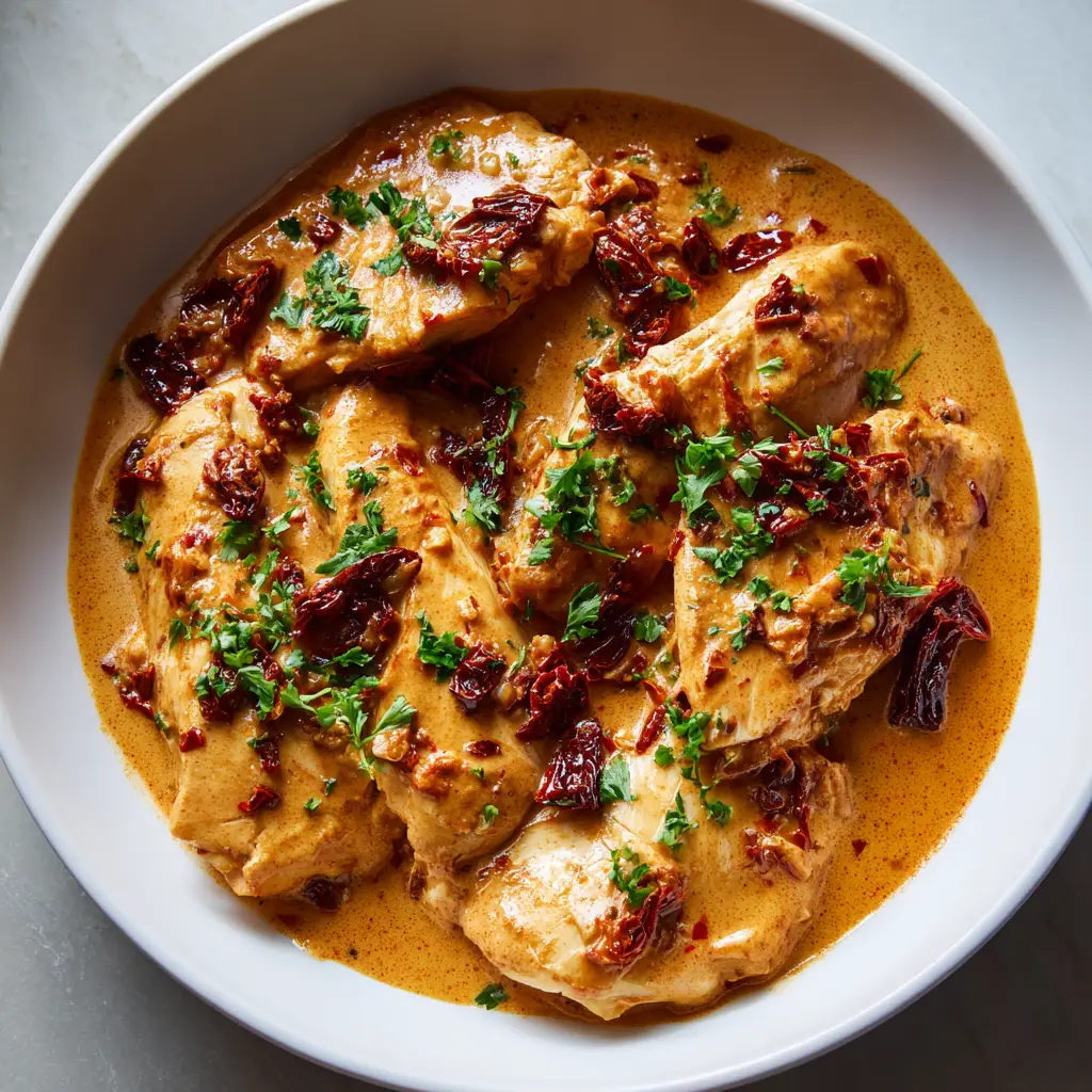 Close up of the glossy orange sauce and dark red sun-dried tomatoes on sliced chicken. (Crockpot Marry Me Chicken)