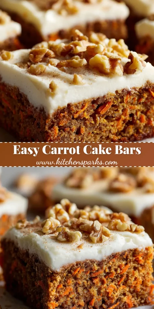 A close-up view of square-cut Carrot Cake Bars with a dense spiced crumb, thick cream cheese frosting, and a toasted walnut garnish.
